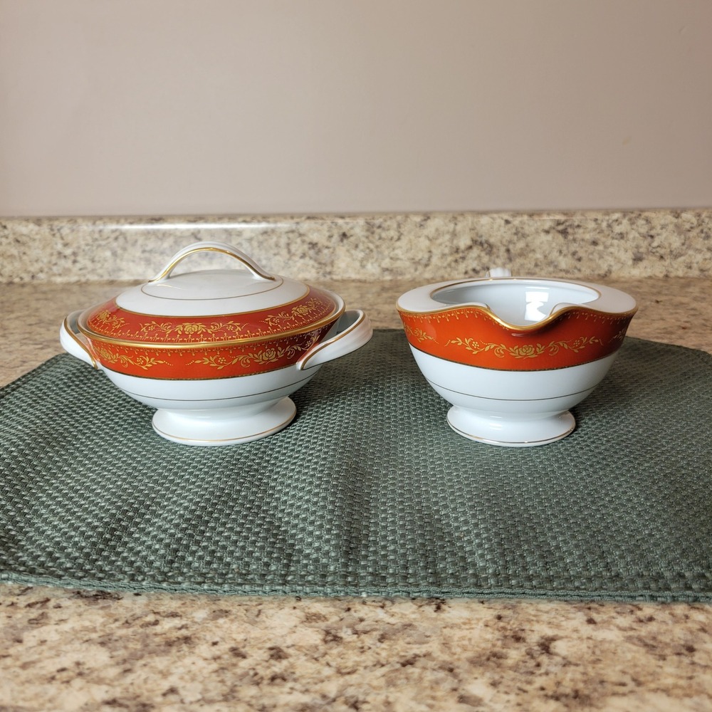 Noritake Goldhill Sugar Bowl w Lid Creamer Set #6613‎ Red Gold Japan VTG